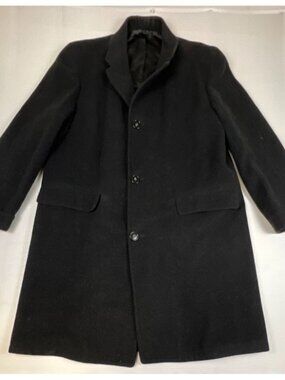 Vintage Alexander's Men L Black Cashmere Overcoat Long Trench Coat Imported Wool
